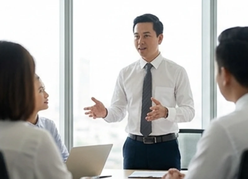 Nam doanh nhân với phong thái đĩnh đạc đang điều hành một cuộc họp nhóm