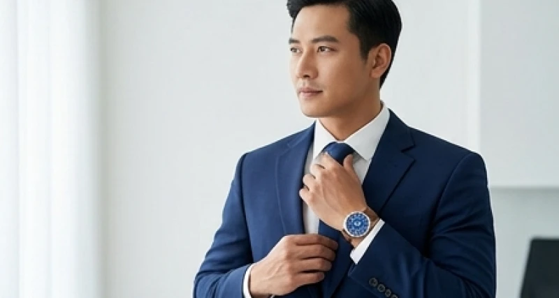Nam doanh nhân diện bộ vest xanh navy sang trọng kết hợp cùng đồng hồ kim loại mặt xanh
