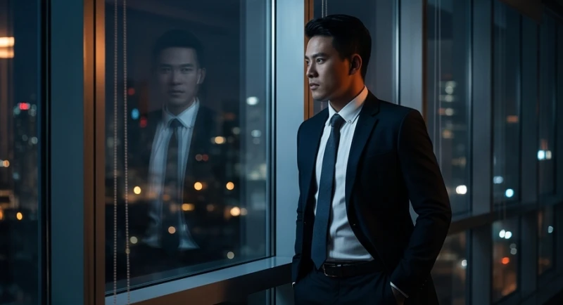 Người đàn ông đứng vắt tay suy tư trước bàn làm việc với gương mặt căng thẳng