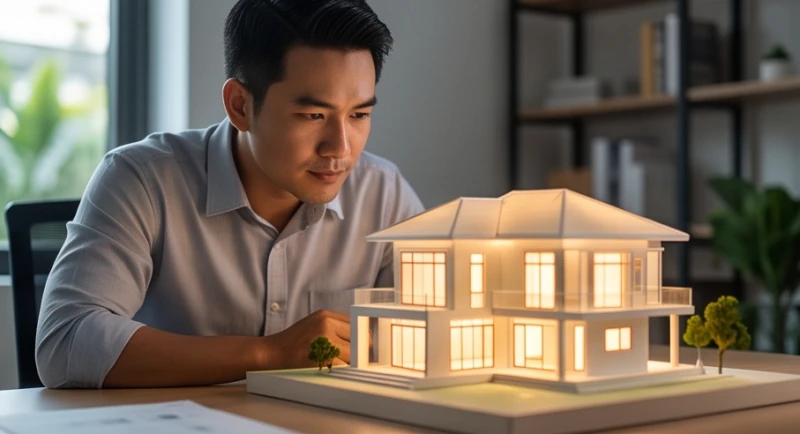 Mơ thấy nhà mới là điềm gì: Giải mã theo giới tính và ngũ hành 2 Người đàn ông đứng mỉm cười tự hào trước bản vẽ thiết kế và mô hình ngôi nhà mới thể hiện khát vọng thành công