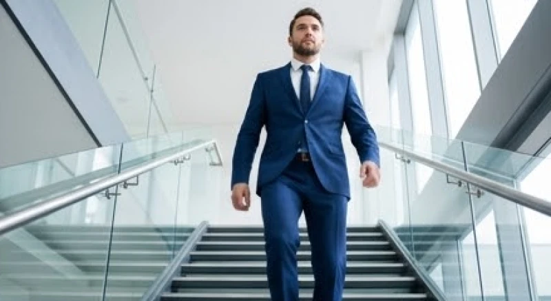 Nam giới mặc âu phục bước đi tự tin thể hiện sự kiên định và phong thái lãnh đạo