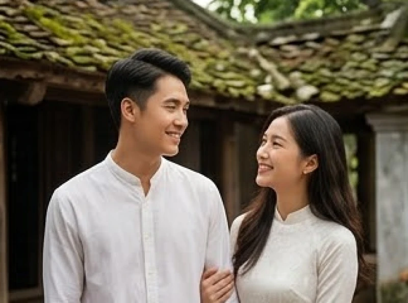 Tuổi Mão hợp kết hôn với tuổi nào: Chuẩn can chi nam nữ 4 Cặp đôi trẻ mỉm cười hạnh phúc bên nhau tại một không gian kiến trúc cổ kính với mái ngói rêu phong.