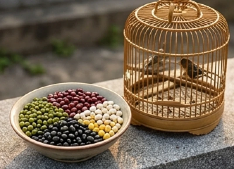 Bát đựng năm loại đậu ngũ sắc và lồng chim phóng sinh được chuẩn bị cho nghi thức cúng mộ
