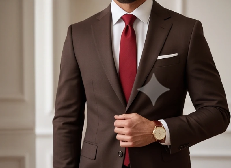 Nam giới diện bộ vest tông màu nâu trầm lịch lãm cùng điểm nhấn cravat màu đỏ bã trầu vô cùng quyền lực