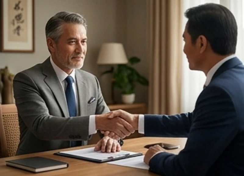 Một người đàn ông chững chạc đang thảo luận hợp đồng chiến lược cùng đối tác kinh doanh
