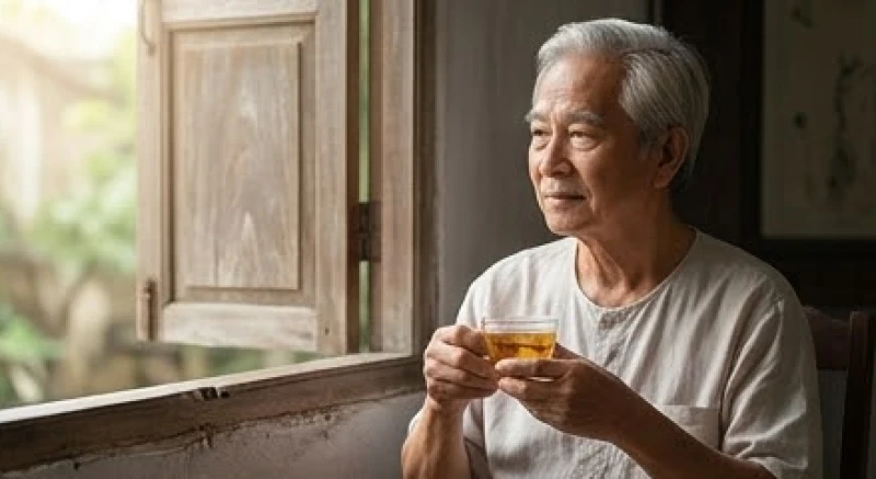 Người đàn ông lớn tuổi thong thả uống trà giữ bình tĩnh để tránh rắc rối thị phi