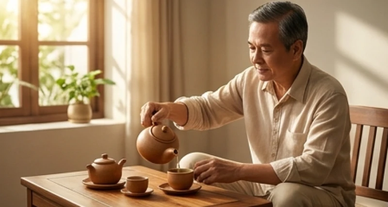 Nam giới tuổi Mùi đang tĩnh tâm uống trà thể hiện sự thư thái khi được sao Mộc Đức chiếu mệnh