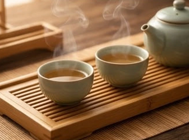 Bàn trà đạo tĩnh lặng với hai chén trà bốc khói nhẹ nhàng thể hiện sự hòa hảo