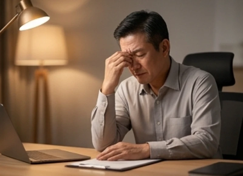 Người đàn ông mệt mỏi xoa trán trước máy tính do áp lực công việc ảnh hưởng đến hạnh phúc
