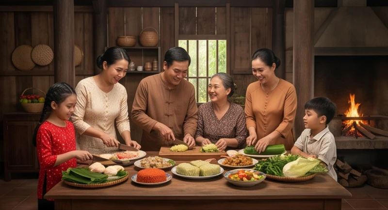 Gia đình sum vầy cùng nhau chuẩn bị mâm cỗ truyền thống đại diện cho điềm báo cát lành từ giấc mộng