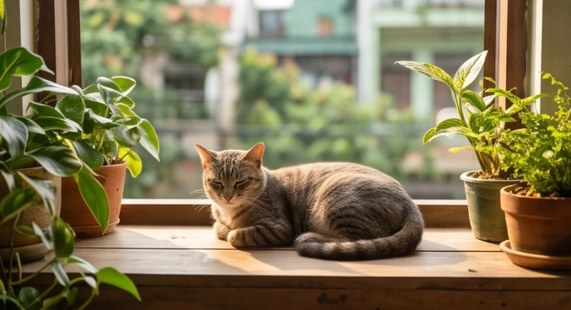Mơ thấy nuôi mèo là điềm gì? Giải mã điềm báo và con số tài lộc 3 Một chú mèo thong thả sưởi ấm dưới ánh nắng mặt trời bên bệ cửa sổ