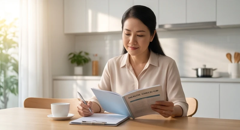Người phụ nữ xem sổ khám bệnh và lên lịch kiểm tra sức khỏe