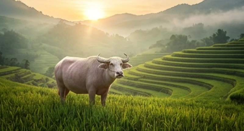 Chú trâu trắng khỏe mạnh đứng giữa cánh đồng đại diện cho sức mạnh và tài lộc dồi dào