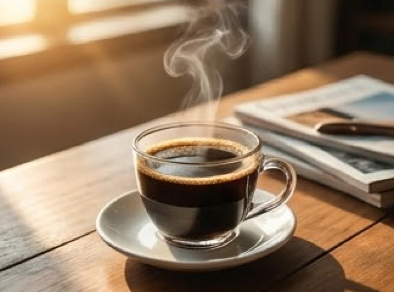 Tách cà phê đen nóng hổi đang bốc khói trên bàn làm việc vào buổi sáng