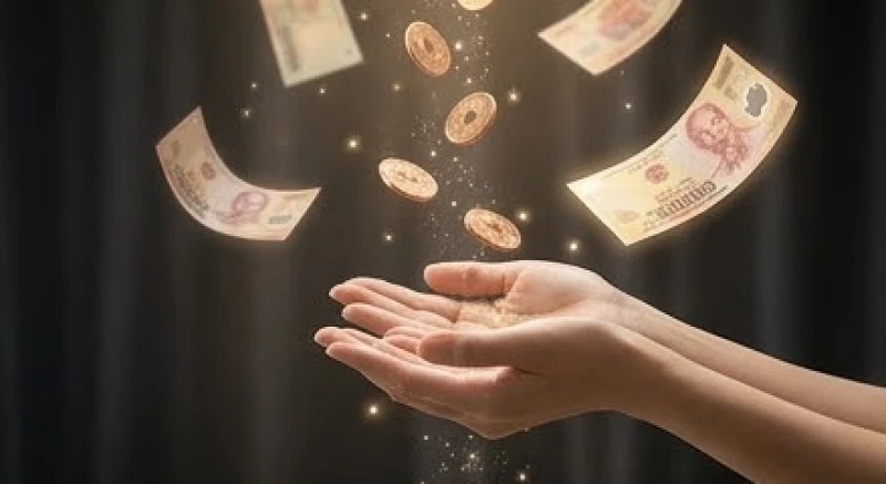 Bàn tay hứng lấy những đồng tiền rơi xuống trong không gian mộng mị rực rỡ