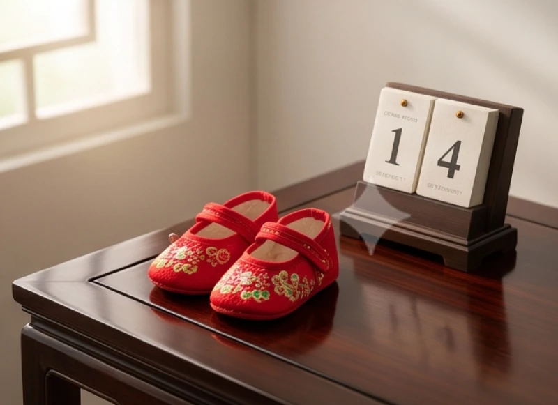 Đôi giày trẻ em màu đỏ may mắn đặt cạnh cuốn lịch vạn niên đánh dấu năm tốt lành để sinh con
