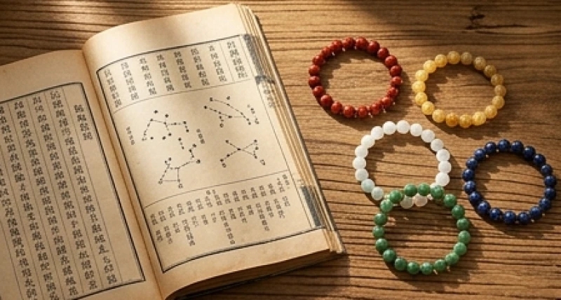 Tuổi Dậu mệnh gì? Bảng tra ngũ hành và vật phẩm phong thủy 1 Cuốn sách cổ tử vi phương đông mở ra bên cạnh bộ vòng đá ngũ hành của tuổi Dậu trên mặt bàn gỗ
