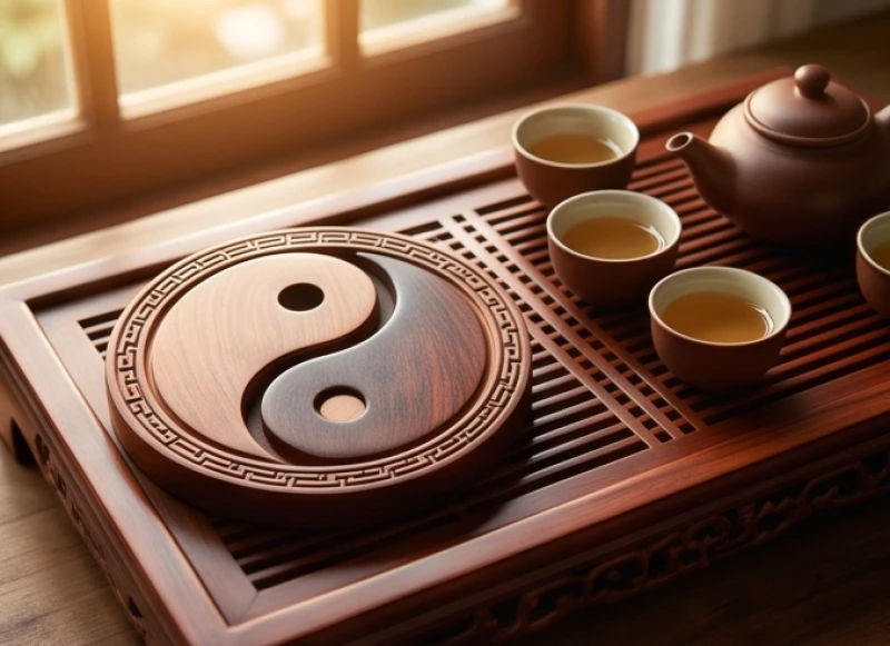 Biểu tượng âm dương bằng gỗ đặt trên bàn trà đạo thể hiện nguyên lý nam tả nữ hữu truyền thống