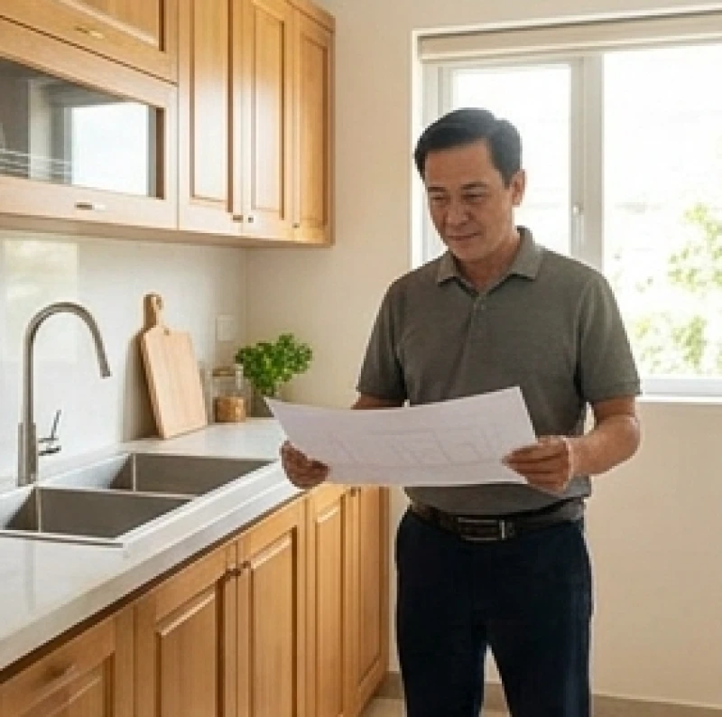 Hướng bếp hợp tuổi Ngọ: quy tắc chọn tuổi và đo bằng hướng lưng 2 Người đàn ông đứng ở vị trí trung tâm không gian bếp để xác định hướng bếp hợp phong thủy