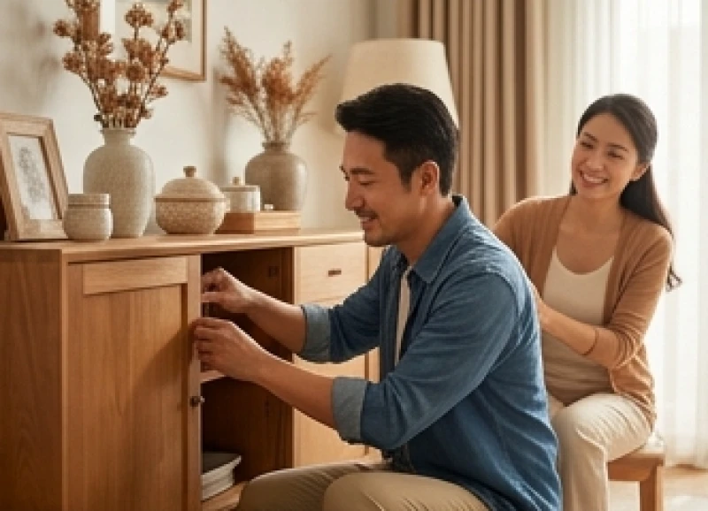 Người chồng đang ân cần sửa chữa đồ đạc trong nhà để giúp đỡ vợ