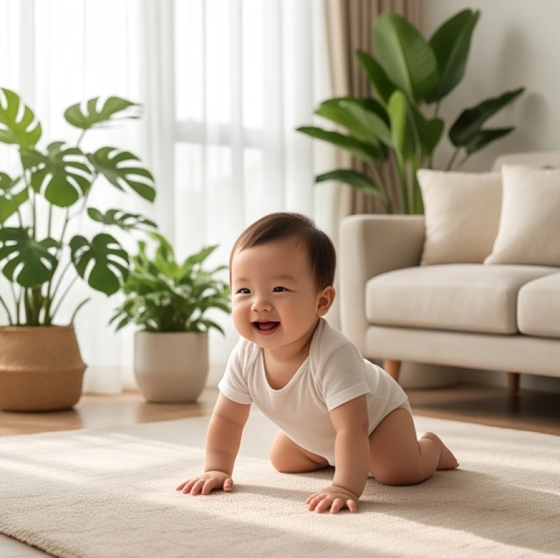 Em bé tập bò trong không gian phòng khách ngập tràn ánh sáng tự nhiên và cây xanh