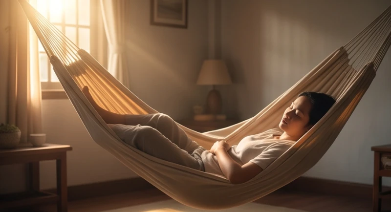 Mơ Thấy Nằm Võng: Điềm Báo, Hiện Tượng Giật Mình & Sổ Mơ 1 Người đang nằm ngủ thư thái trên chiếc võng giúp giải tỏa căng thẳng và giảm áp lực cuộc sống
