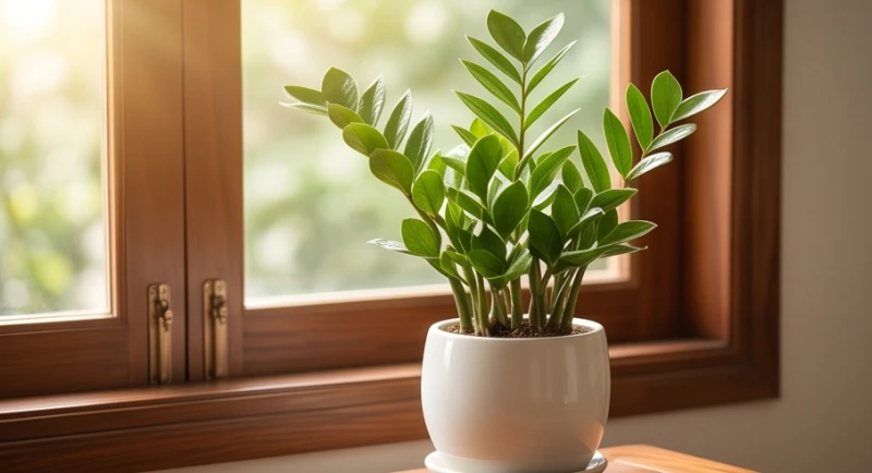 Chậu cây kim tiền xanh tươi vươn lên đón nắng đại diện cho sinh khí mạnh mẽ của cung Chấn