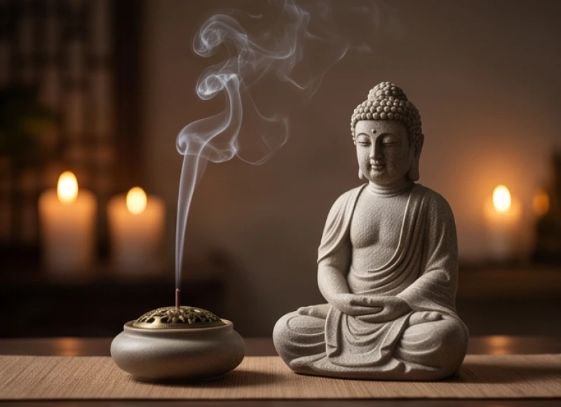 Không gian bình yên với tượng Phật nhỏ và khói trầm hương tỏa nhẹ mang lại năng lượng tĩnh tại