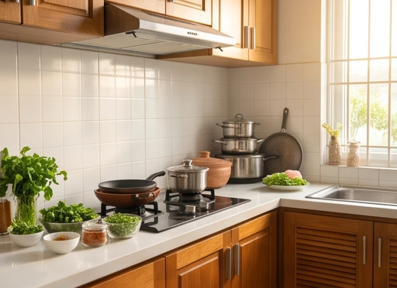 Không gian bếp sạch sẽ gọn gàng giúp duy trì trường năng lượng phong thủy tốt đẹp và tránh việc nấu ăn bị cháy