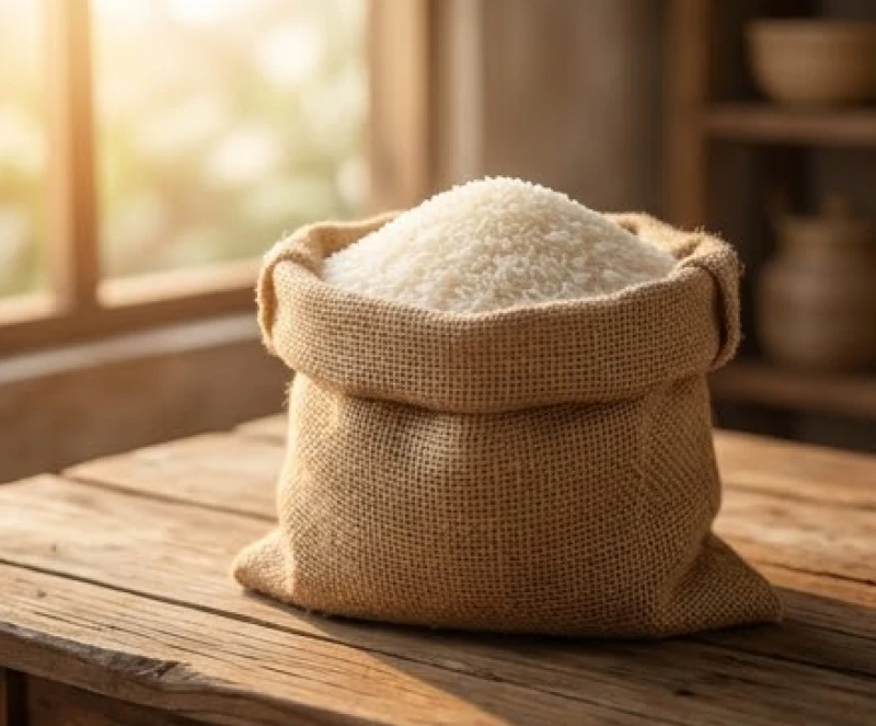 Túi gạo nếp trắng ngần đặt trang trọng trên bàn gỗ, biểu tượng cho dòng năng lượng tài lộc dồi dào chảy vào gia đình