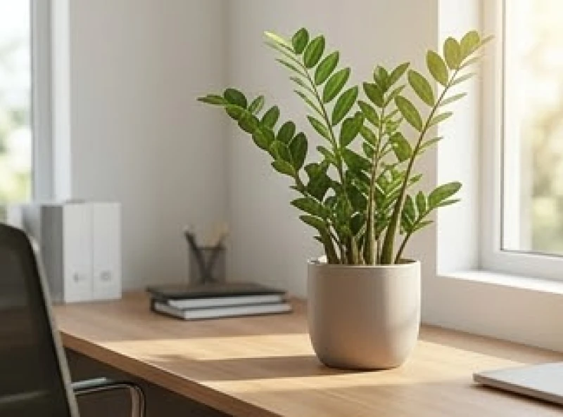 Cây kim tiền xanh tốt đặt trên bàn làm việc tượng trưng cho năng lượng sinh sôi và bình hòa