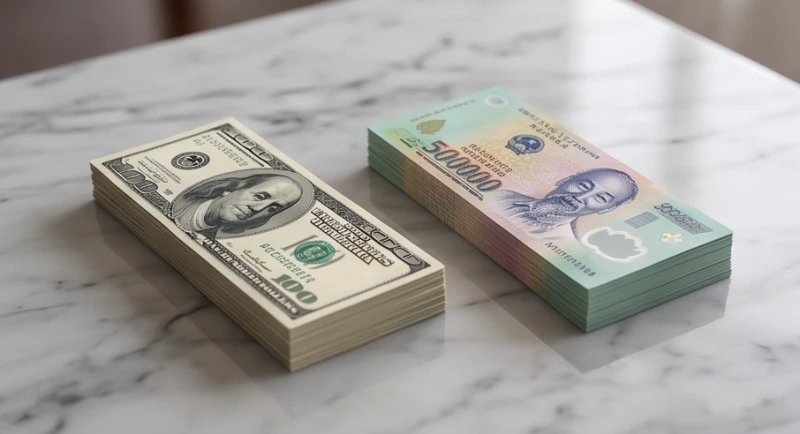 Hai xấp tiền gồm đô la Mỹ và tiền Việt Nam Đồng đặt cạnh nhau, thể hiện sự khác biệt về nguồn năng lượng