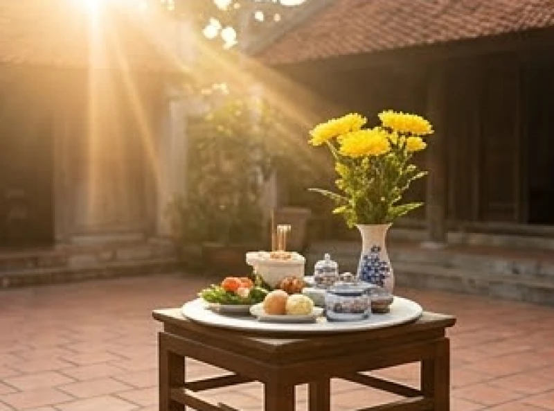 Ánh nắng ban mai ấm áp chiếu rọi vào mâm lễ cúng đặt trang nghiêm trên chiếc bàn nhỏ giữa sân