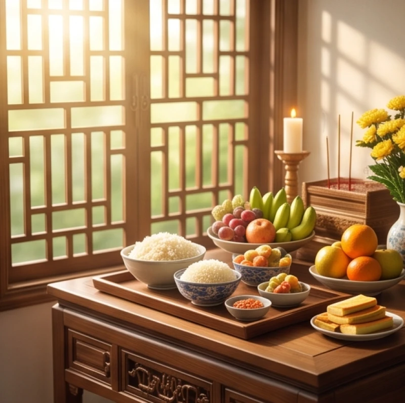 Văn khấn giỗ hết: Bài cúng chuẩn nghi thức tại gia và ngoài mộ 6 Nắng sớm chiếu rọi lên mâm lễ vật ấm cúng dâng cúng tổ tiên trong ngày đại tường