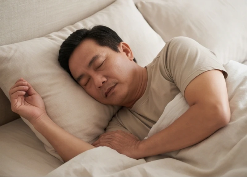 Tại sao con người nằm mơ: Cơ chế sinh học và mẹo ngủ sâu giấc 2 Người đàn ông trung niên nằm ngủ say với nhịp thở đều đặn trên chiếc giường êm ái vào buổi sáng