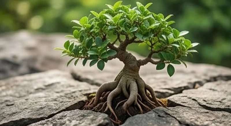 Cây cổ thụ vươn lên mạnh mẽ từ vùng đất khô cằn thể hiện đặc tính của nạp âm Đại Lâm Mộc