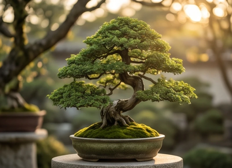Một cây bonsai cổ thụ chậu gốm rêu phong biểu tượng cho bản mệnh Đại Lâm Mộc của tuổi Kỷ Tỵ