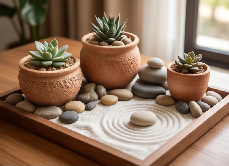 Tiểu cảnh đất nung và gốm sứ trong nhà tượng trưng cho nạp âm Đại Trạch Thổ của tuổi Kỷ Dậu 1969