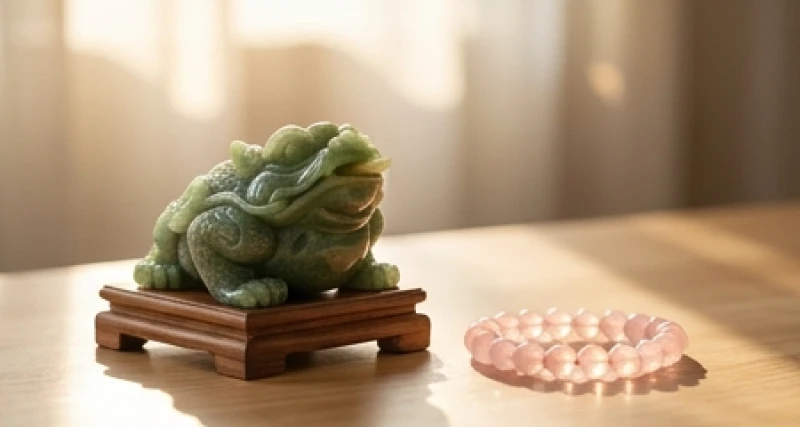Cách thu hút tài lộc cho người tuổi Mùi: cẩm nang ngũ hành 2 Vòng tay đá thạch anh và tượng Thiềm Thừ đặt trên đĩa ngọc, tượng trưng cho ngũ hành tương sinh của người tuổi Mùi