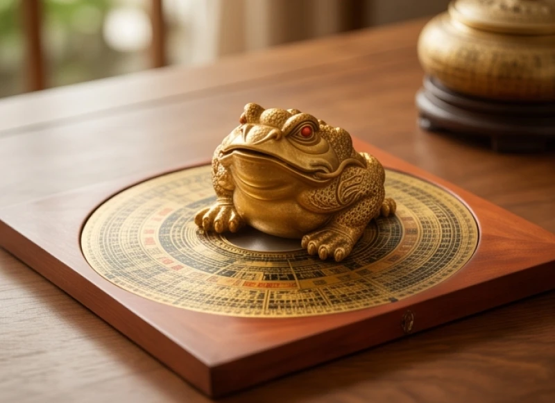Thiềm thừ phong thủy tuổi Sửu: Màu nạp âm và hướng Bát trạch 1 Tượng cóc thiềm thừ phong thủy đặt trên mặt la bàn xem hướng Bát trạch