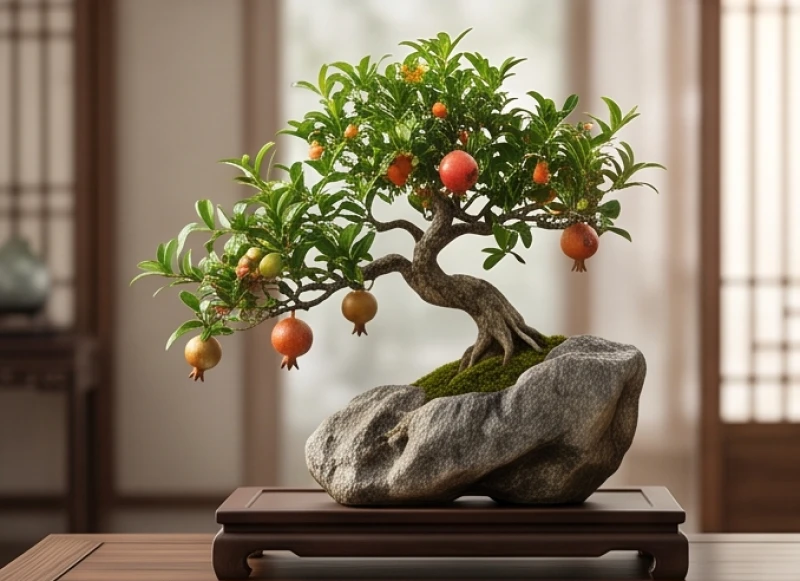 Chậu cây bonsai sinh trưởng mạnh mẽ trên tảng đá tượng trưng cho nạp âm Thạch Lựu Mộc