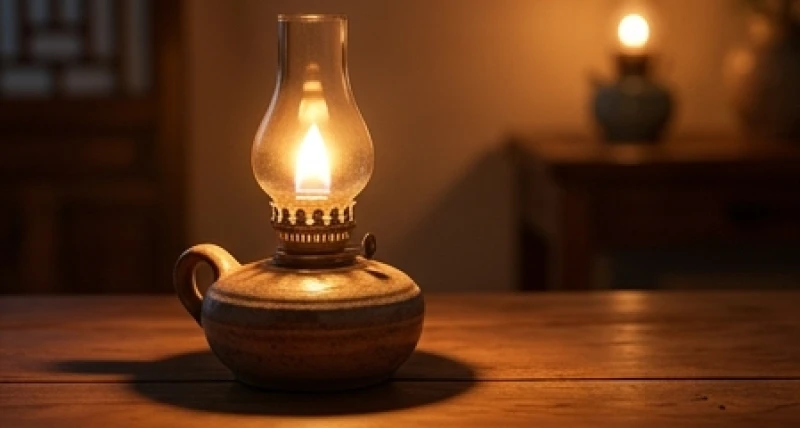 Ngọn lửa từ chiếc đèn dầu cổ thắp sáng trong đêm đại diện cho năng lượng nạp âm Phú Đăng Hỏa