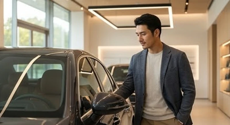 Người đàn ông đang cẩn thận xem xét các mẫu xe ô tô tại đại lý để chọn màu hợp nạp âm