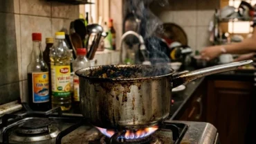 Chiếc nồi bị cháy khét bốc khói đen trong gian bếp gia đình giúp giải đáp thắc mắc nấu ăn bị cháy là điềm gì