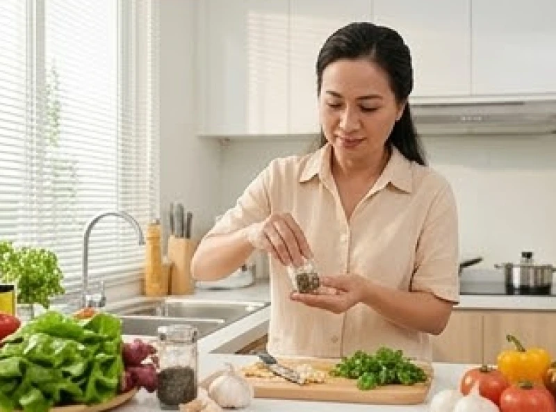 Phụ nữ đang nêm nếm các loại gia vị tự nhiên như hành tỏi tiêu thay cho muối khi nấu ăn tại bếp