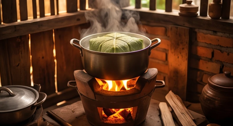 Bếp than hồng rực rỡ đun nồi bánh chưng mang lại cảm giác ấm áp và năng lượng vượng Hỏa cho ngày xuân.