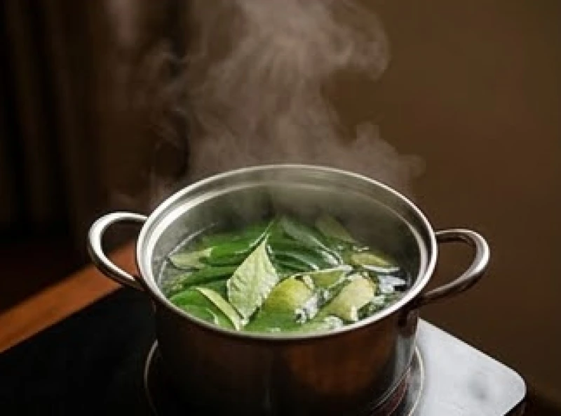Nồi nước đun từ lá bưởi tươi bốc hơi nghi ngút mang theo hương thơm dịu nhẹ giúp tẩy uế không gian phòng thờ