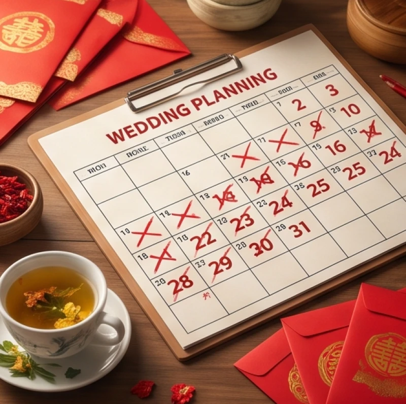 Bảng kế hoạch đám cưới với các mốc thời gian bị gạch bỏ bằng mực đỏ nhằm né tránh những ngày phạm tứ hành xung