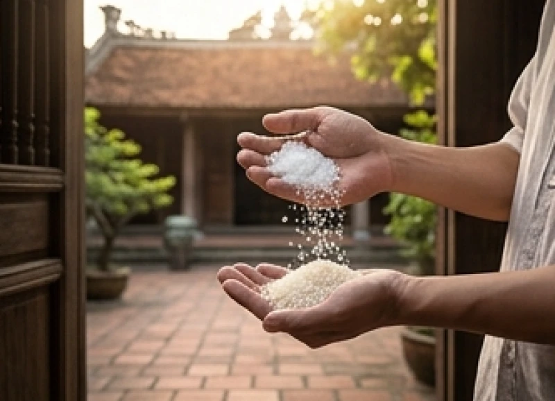 Bàn tay nắm chặt hỗn hợp muối hạt và gạo sống trắng ngần, chuẩn bị thực hiện nghi thức ném qua vai để xua đuổi vận hạn