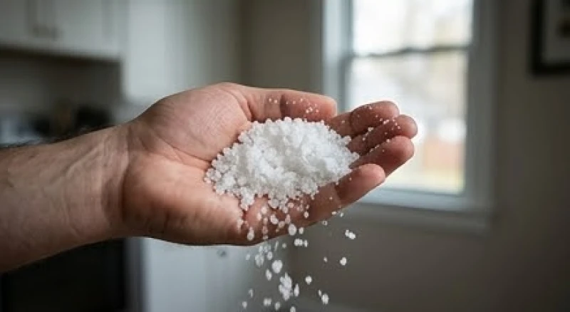 Bàn tay nắm chặt những hạt muối biển trắng tinh khiết chuẩn bị ném qua vai trái để thanh tẩy không gian sống